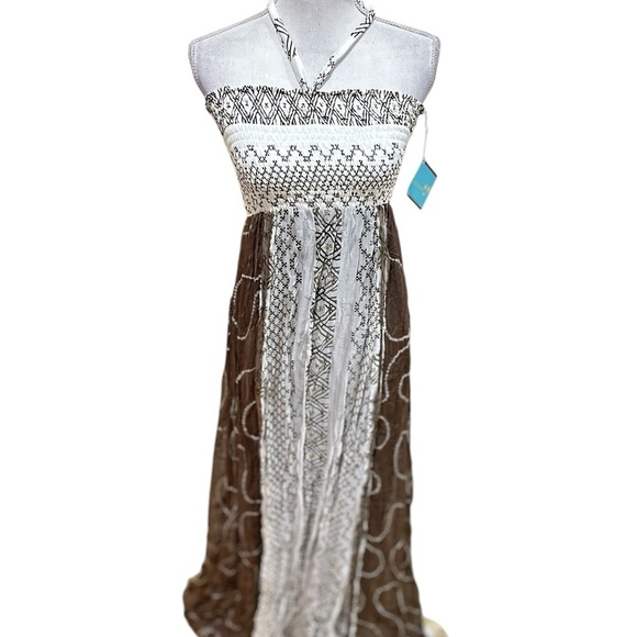 NWT Letarte smocked bandeau White/taupe sheer sequins Maxi Dress lined large - Picture 1 of 15